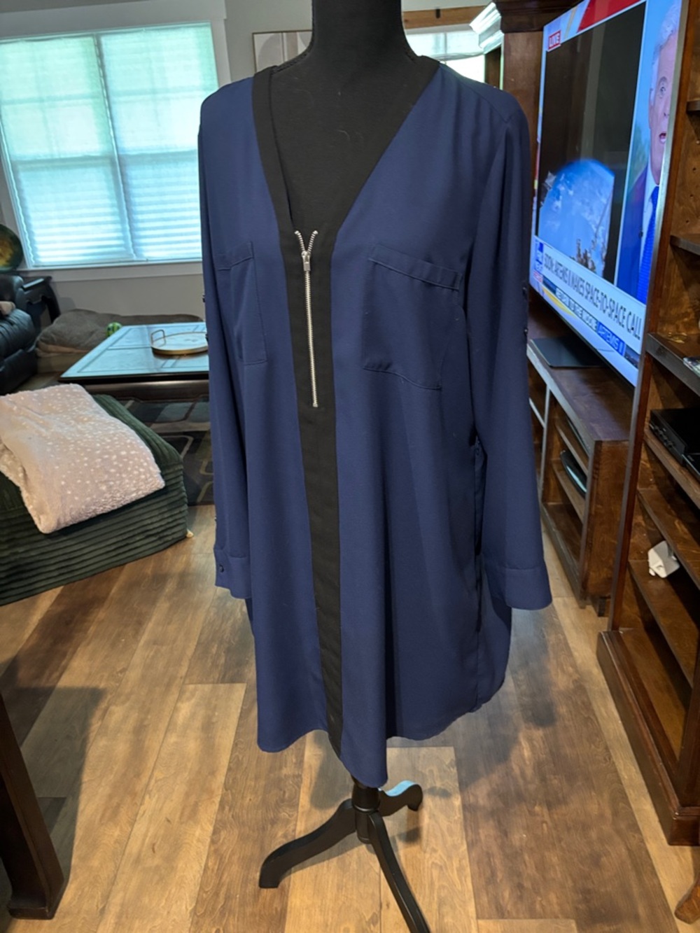 Express Navy Blue and Black Long Sleeve Zip-Front Dress